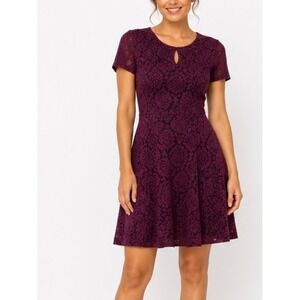 London Style 14P Burgundy Lace Textured Fit & Flare Dress Petite